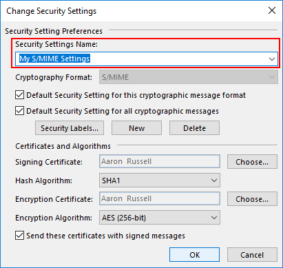 Enter security settings name