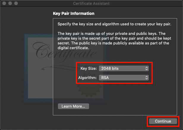 Select key size and algorithm