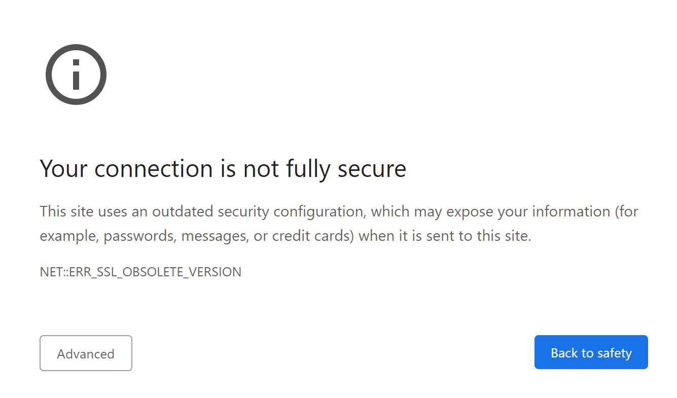 TLS 1.0 error message in Chrome
