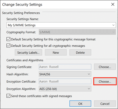 Choose encryption certificate