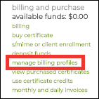 Billing and Purchase (manage billing profiles highlight)