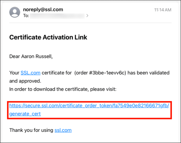 Certificate activation link